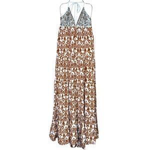La Fee Maraboutee Beaded Halter Maxi Dress Resort Embroidered Pockets Medium